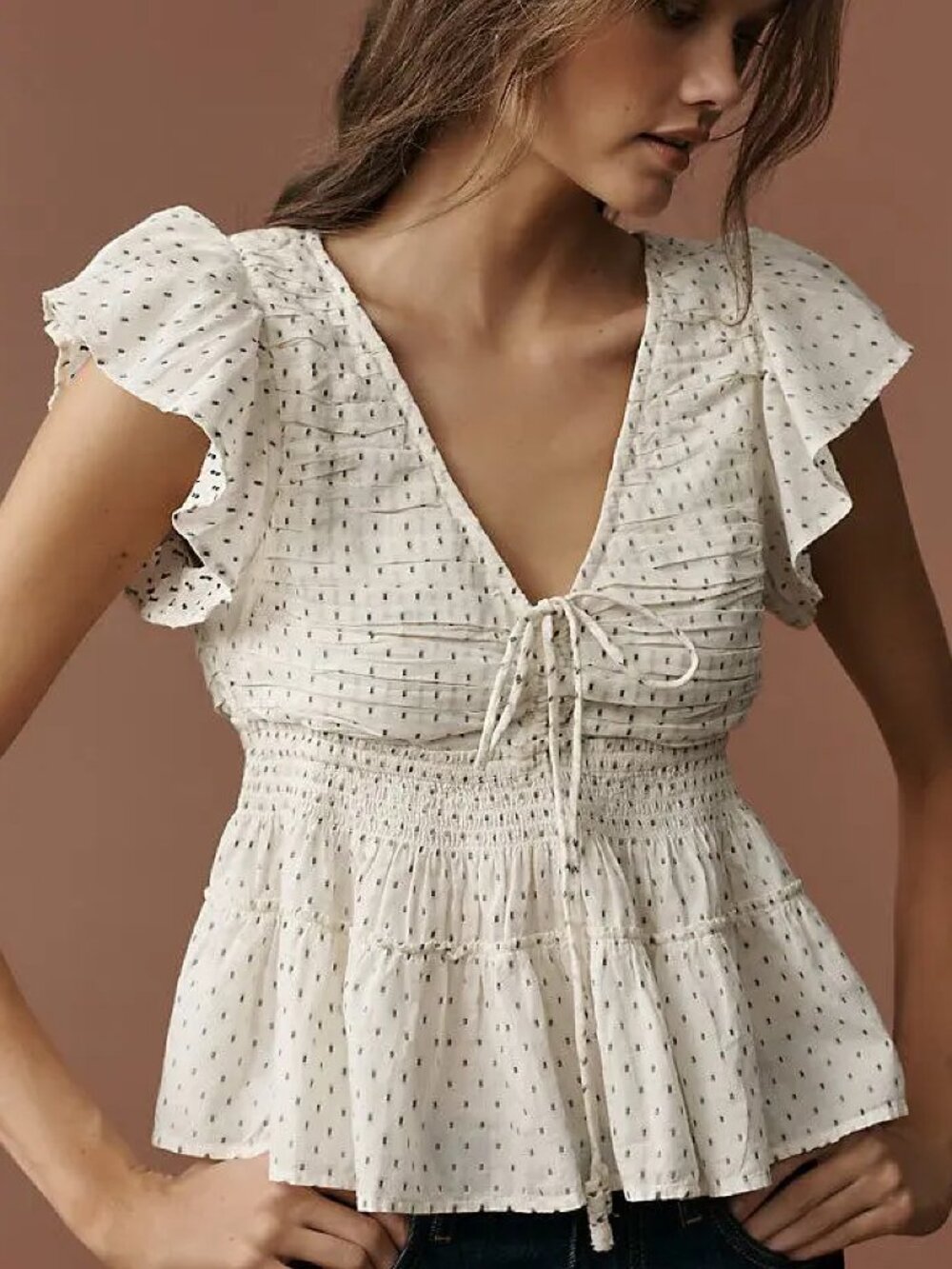 Anthropologie Ruched Flutter Sleeve Peplum Blouse NWT